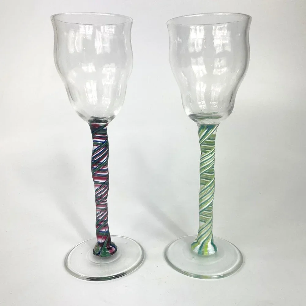 Art Glass Liquor Glass Swirl Stem Glasses Signed set of 2